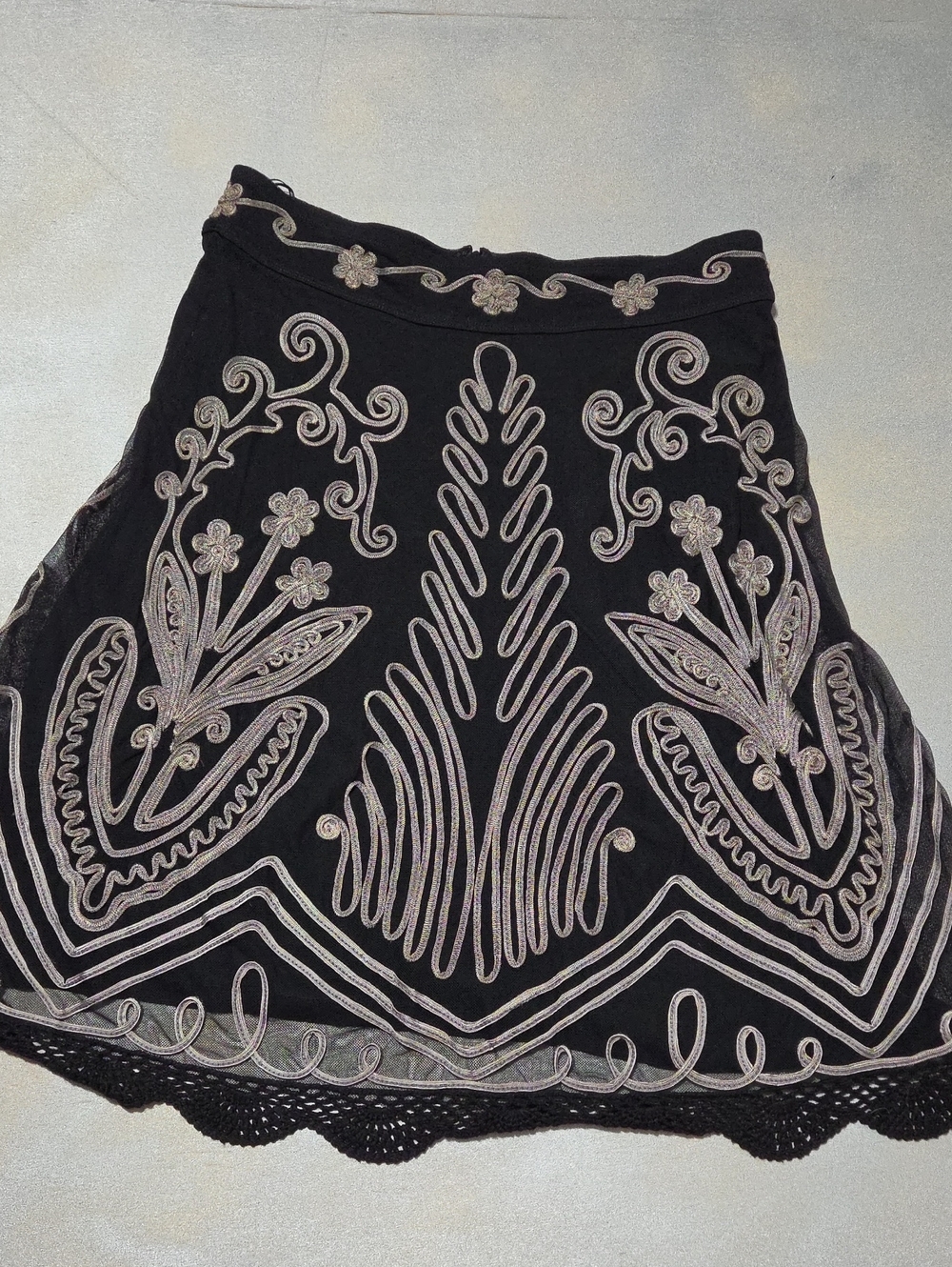 Black A-Line Skirt with Silver Embroidered Motif